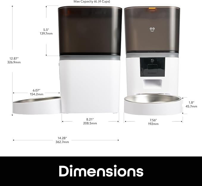 Geeni 6L Smart Pet Feeder - Automatic Cat and Dog Food Dispenser, WiFi Control, Voice Recorder, Battery Backup, Large Capacity, Portion Control - White