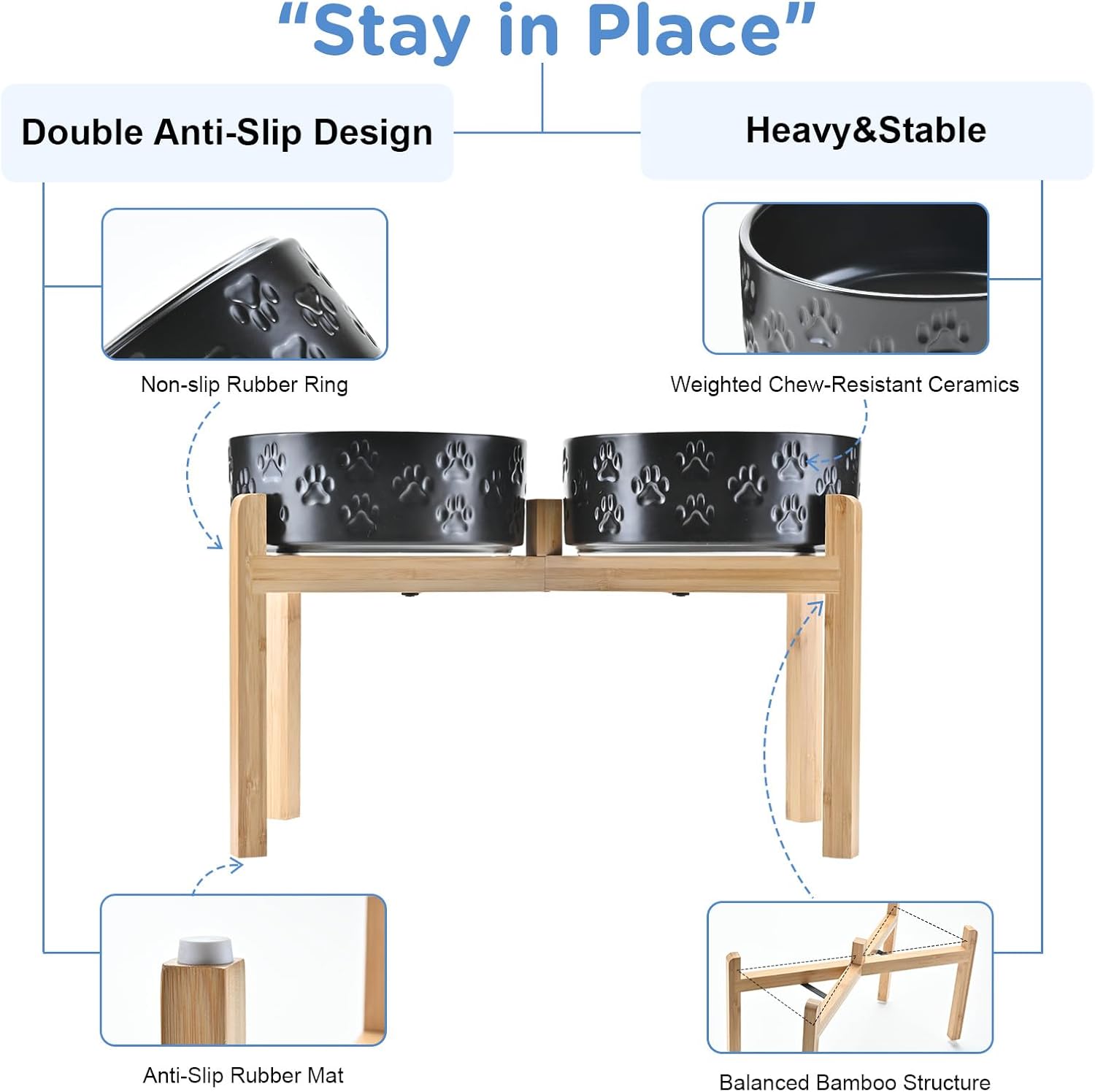 SPUNKYJUNKY Elevated Dog Bowls Ceramic, 8.3'' Dogs Food Water Bowls Raised with Non-Slip Bamboo Stand for Large Sized Breed Microwave Dishwasher Safe - 60 OZ,Paw Black