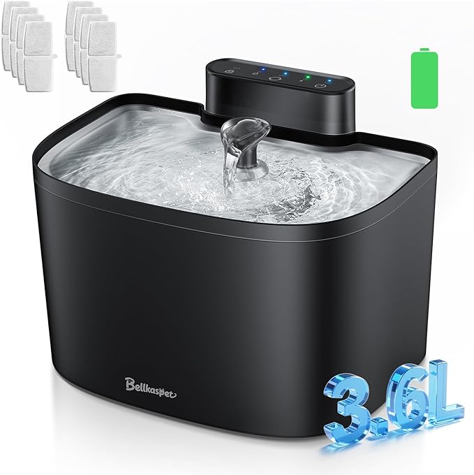Cat Water Fountain, 122oz/3.6L Pumpless Wireless Cat Fountain, Cordless Water Fountains for Cats Indoor, Dog Pet Water Fountain Battery Operated with Stainless Steel Tray (Black, Fountain+8 Fliters)