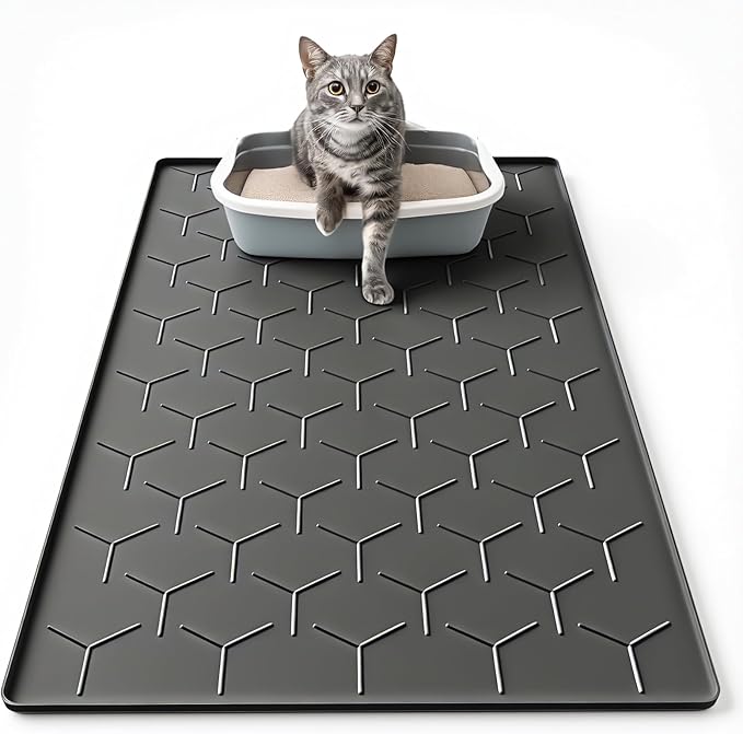Silicone Cat Litter Trapping Mat, Large Waterproof 34" X 22" Cat Litter Box Mat, Easy to Clean, Black