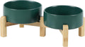 Ceramic Raised Double Bowls Set with Stand, 2 Heights Elevated, Food & Water Bowls for Small Breed Dogs, Cats, Kitty, Weighted Dog Dishes, Pet Bowls(5.1'',13.5oz, Green)