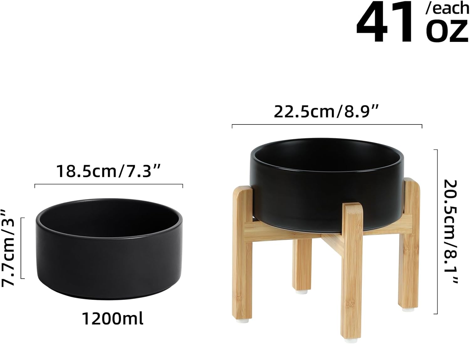 Ceramic Raised Dog Bowl Set, Elevated Dog Bowl with Stand, Food and Water Bowl for Medium Breed Dogs, Weighted Dog Dishes, Pet Bowl(7.3'',41OZ, Black)