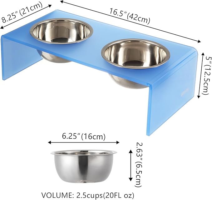 The LICKER Store DBL2000C Keaton 5" Small/Medium Modern Acrylic Rectangular Elevated Pet Feeder with 20oz 2-Stainless Steel Bowls, Blue/Chrome
