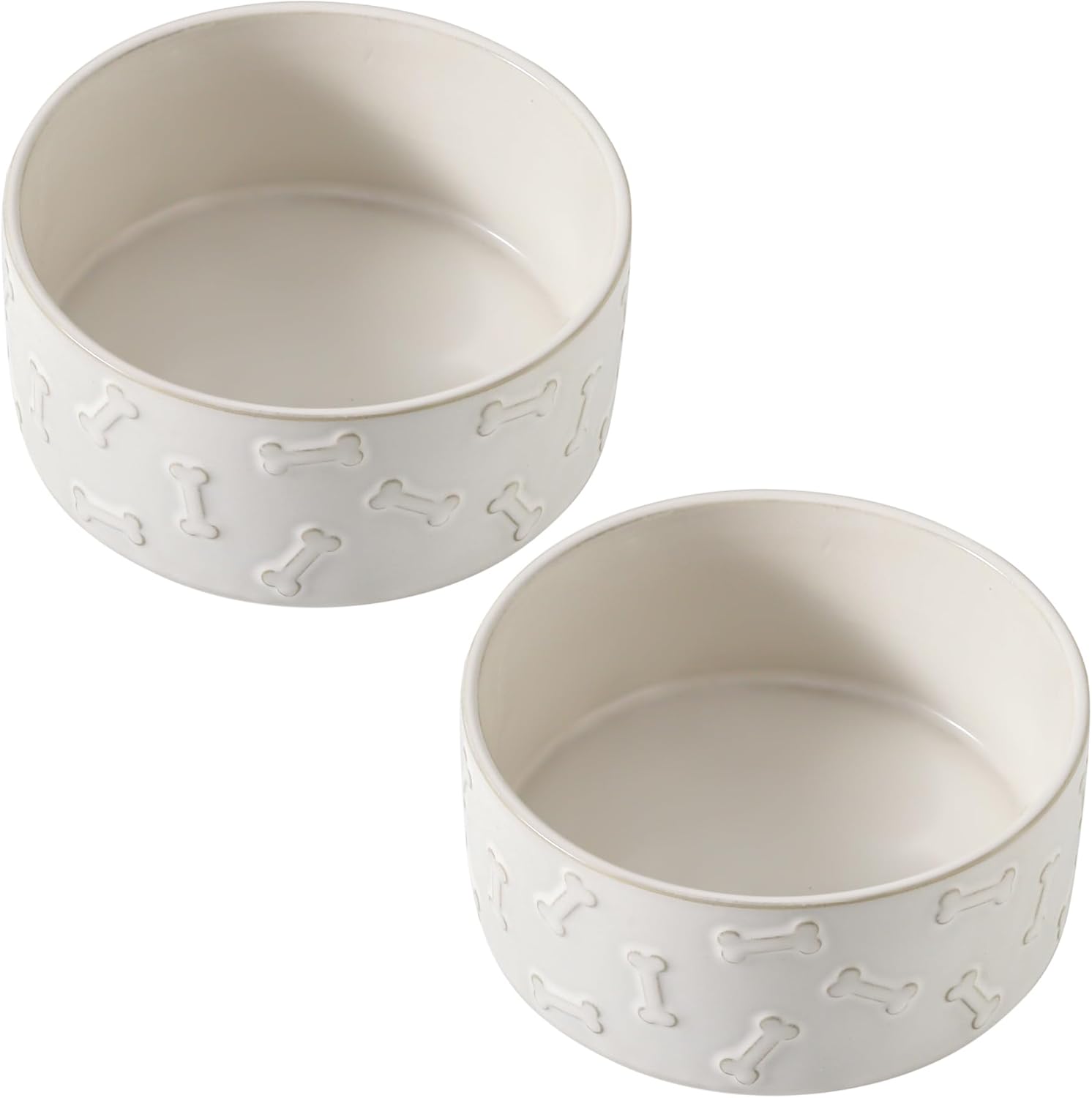 UBEE Ceramic Dog Food Bowl Set of 2, 6.1 inch Dog Bowls Dish with Bone Pattern, Pet Food Water Dish Feeding for Small and Medium Dogs and Large Cat, White