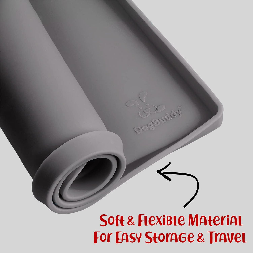 DogBuddy Dog Food Mat – Waterproof Dog Bowl Mat for Food and Water, Silicone Pet Feeding Mats For Floors, Non-Slip Placemat with High Edges For Dogs Bowls, Puppy Essentials (XS: 11" x 11", Shadow