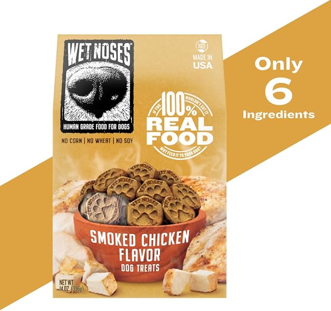 Wet Noses Organic Crunchy Dog Treats – for All Pet Sizes, Breeds – All-Natural Puppy Treat, Senior Dog Snack – 100% Human-Grade – Delicious Chews for Dogs - Meaty Smoked Chicken, 14 Oz (2 Pack)
