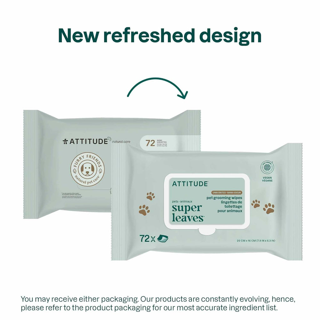 ATTITUDE Pet Wipes for Dogs & Cats, 99% Water, EWG Verified, Gentle & Unscented Cleaning Wipes for Paws, Ears, Face & Body, Deodorizing, Safe for Puppies & Kittens, 72 count