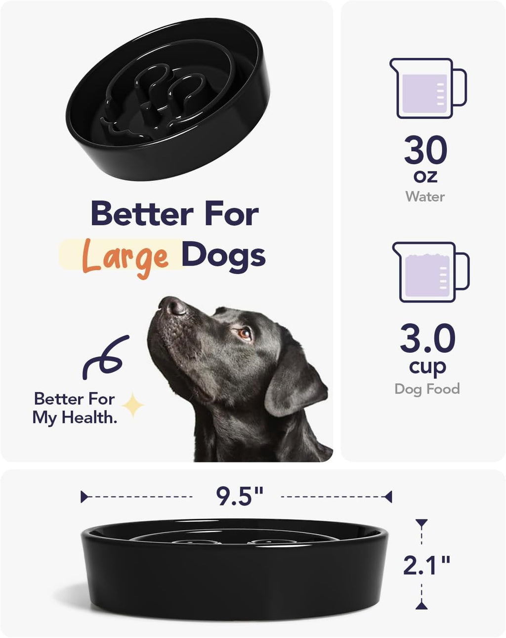 LE TAUCI Slow Feeder Dog Bowls Ceramic,3 Cups Slow Feeding Dog Bowl Medium Large Breed, Pet Bowl for Fast Eaters, Puzzle Pet Dishes,Skull Black