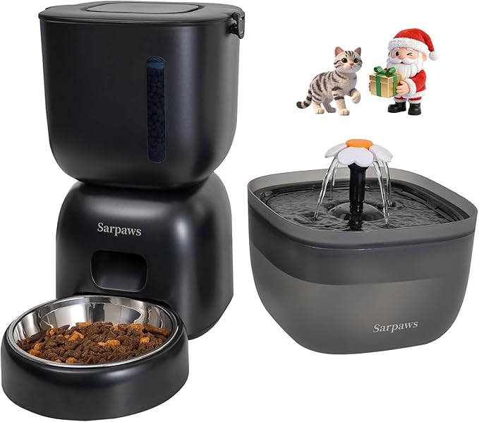 Automatic Cat Feeder and Water Dispenser FW1, Wire or Battery Cat Food Dispenser Timer Pet Feeder - Locking Lid, Desiccant Bag, Programmable Portion Control, 4 Daily Meals, 10s Voice Recorder