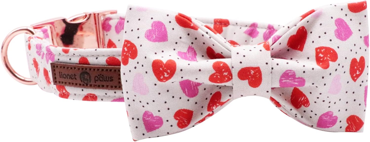 Lionet Paws Valentines Day Dog Collar with Bowtie, Dog Bowtie Collar with Metal Buckle for Dogs, Adjustable Comfortable Dog Collar Girl Boy Gift, L, Neck 16-24 in