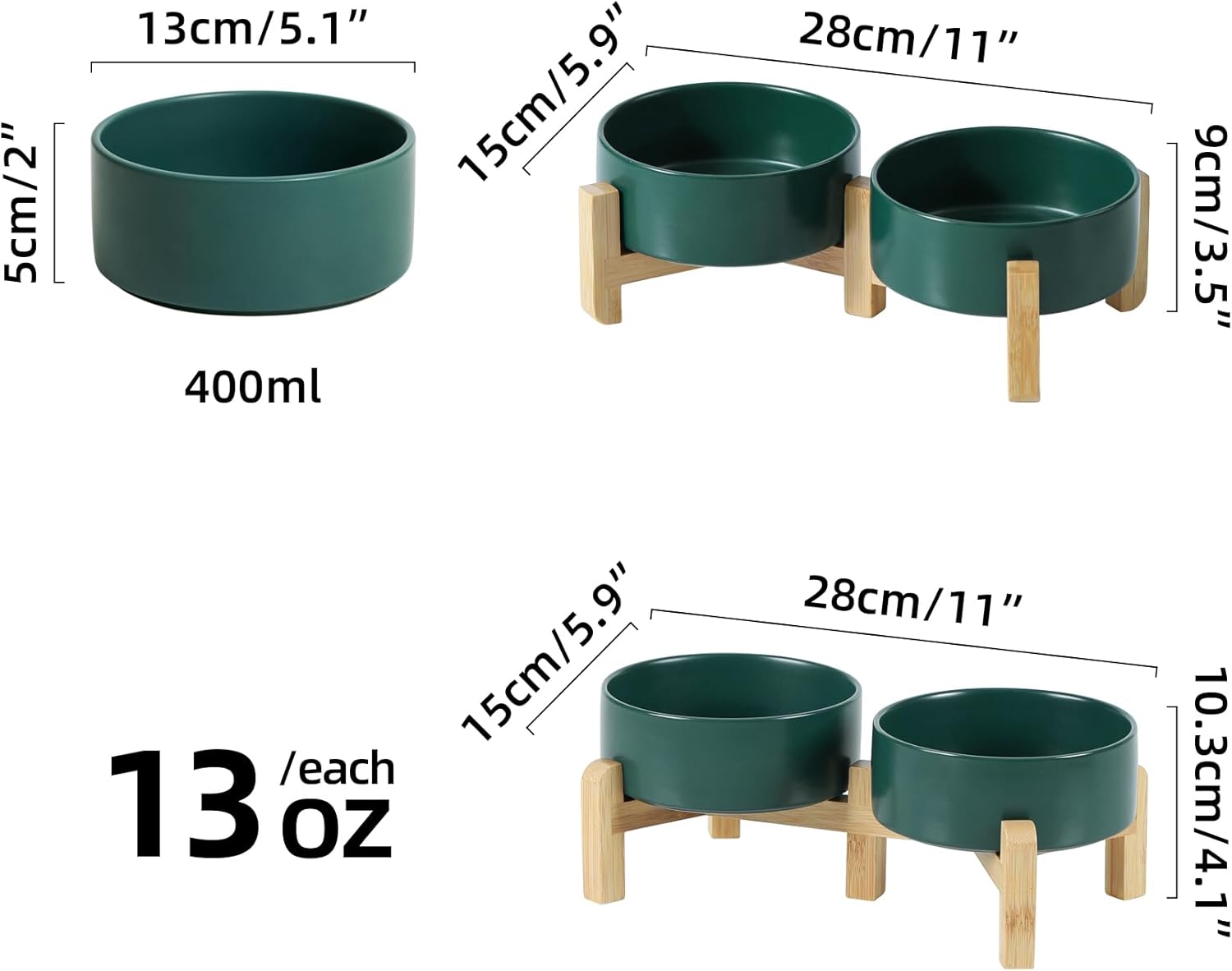 Ceramic Raised Double Bowls Set with Stand, 2 Heights Elevated, Food & Water Bowls for Small Breed Dogs, Cats, Kitty, Weighted Dog Dishes, Pet Bowls(5.1'',13.5oz, Green)