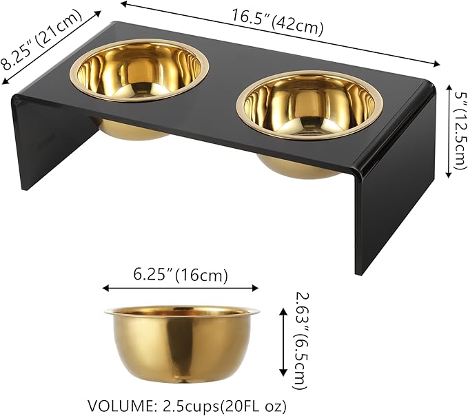 The LICKER Store DBL2000B Keaton 5" Small/Medium Modern Lucite Rectangular Elevated Pet Feeder with 20oz 2-Stainless Steel Bowls, Black/Gold