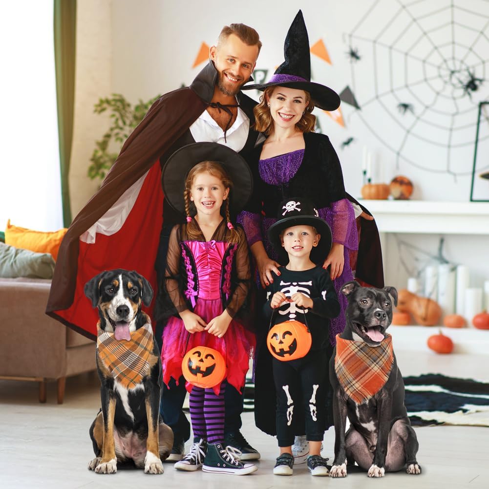 Vivifying Halloween Dog Bandanas, 2 Pack Thanksgiving Fall Classic Plaid Dog Scarf with Tassels Edges, Funny Pet Apparel & Accessories Costume for Photo Prop, and Party Decor (X-Large, Yellow&Orange)