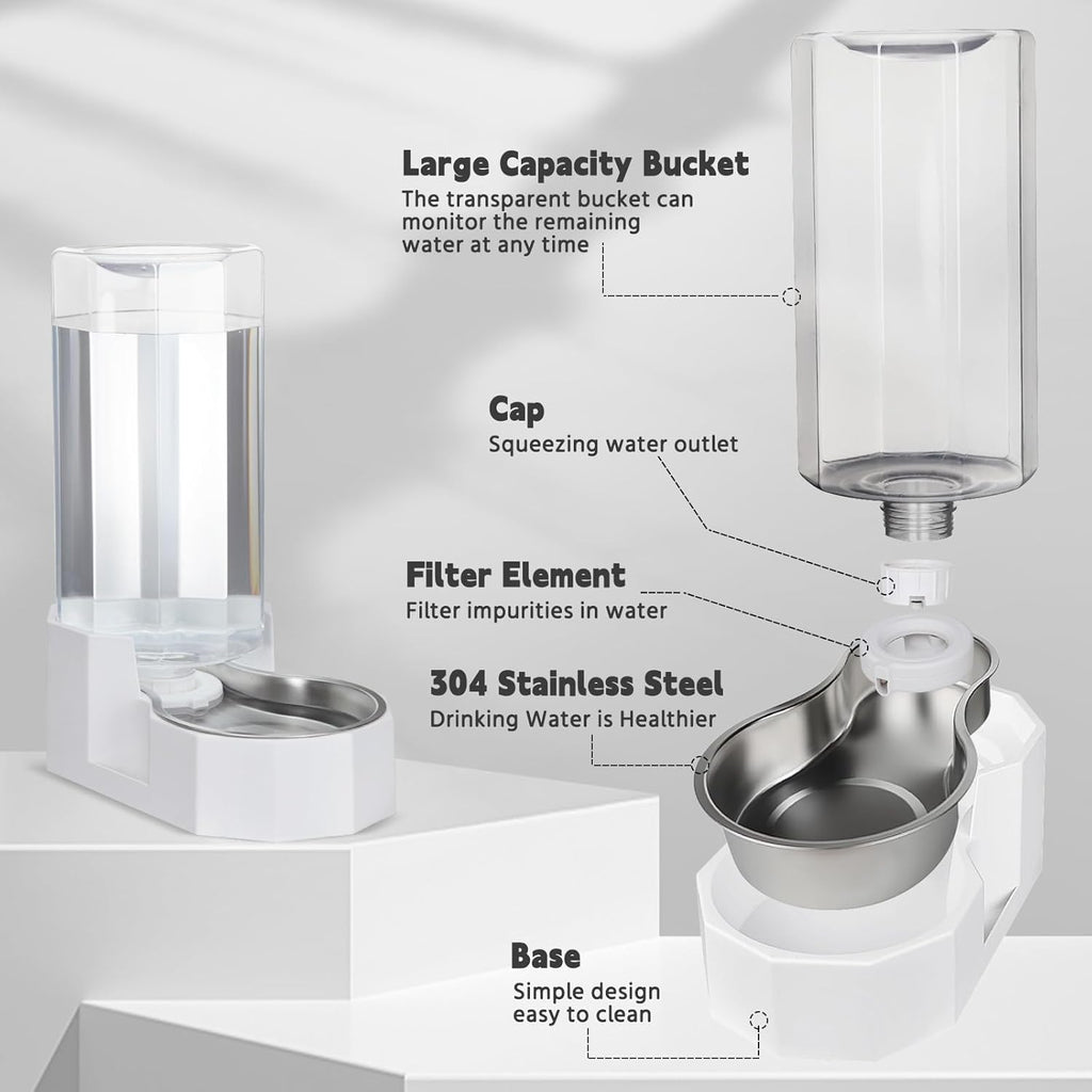 Sfozstra Large Dog Water Dispenser: 9L Automatic White Water Feeder with Stainless Steel Bowl - with Filter - Gravity Design for Multiple Pets Indoor/Outdoor