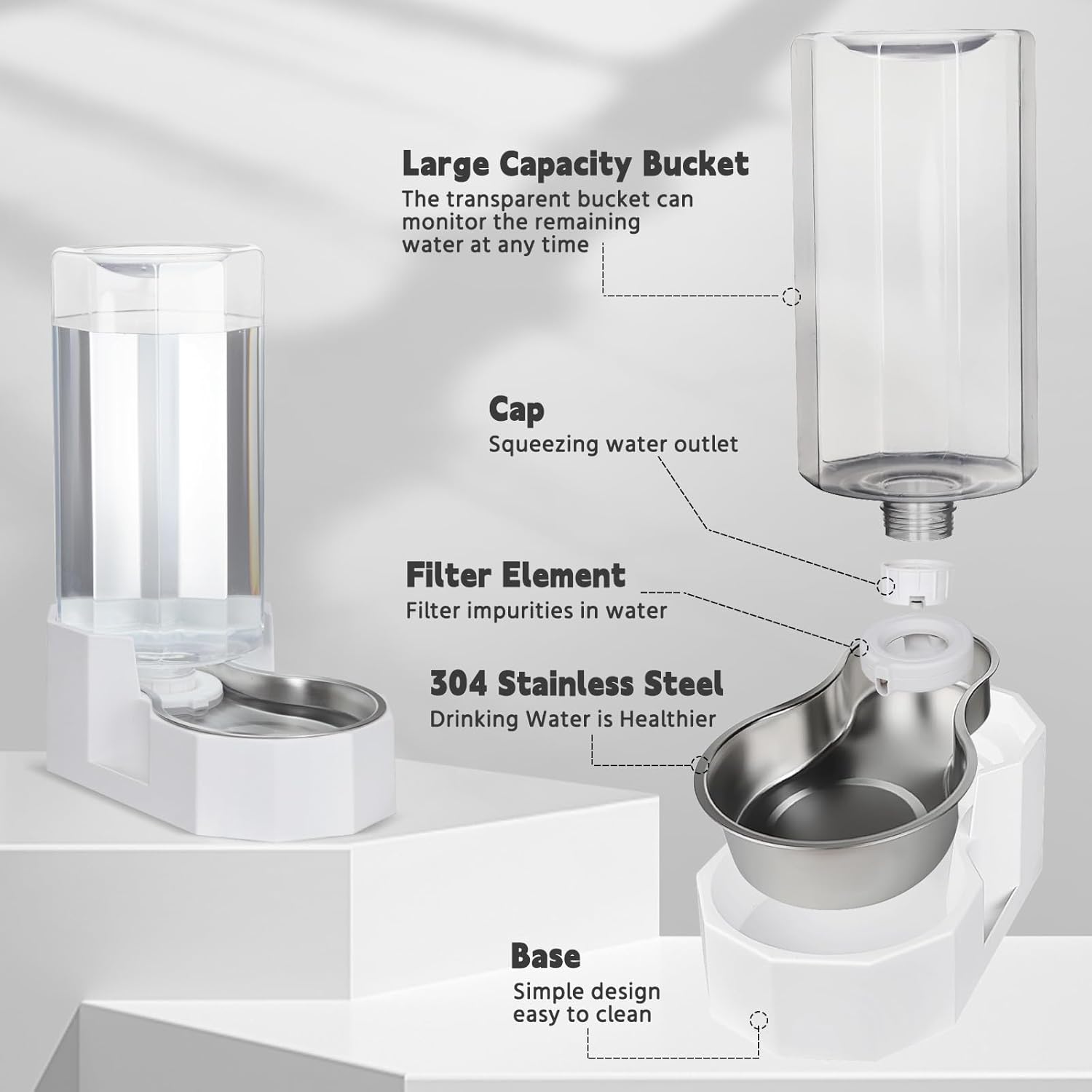 Sfozstra Large Dog Water Dispenser: 9L Automatic White Water Feeder with Stainless Steel Bowl - with Filter - Gravity Design for Multiple Pets Indoor/Outdoor