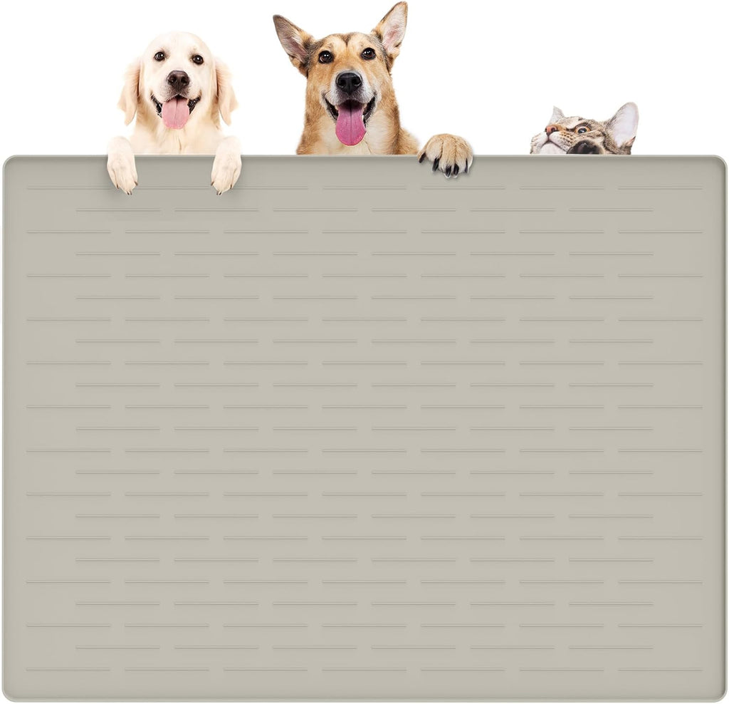 39.4"x29.5" Large Pet Food Mat, Silicone Dog Mats for Food and Water, Nonslip Pet Feeding Mats for Floors,Dog Cat Bowl Mat with Raised Edges, Beige