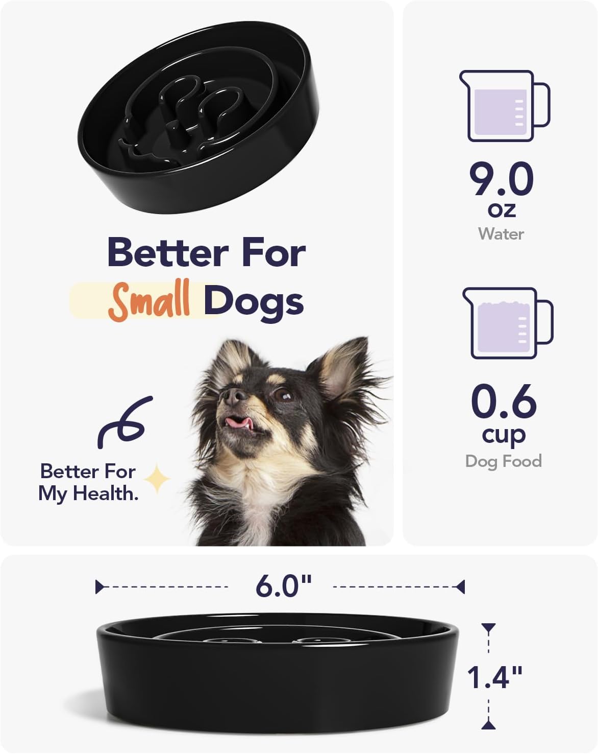 LE TAUCI Ceramic Slow Feeder Dog Bowls Small Breed, 0.6 Cups Dog Food Dish for Fast Eaters, Puzzle Bowl for Small Dogs and Cats,Skull Black