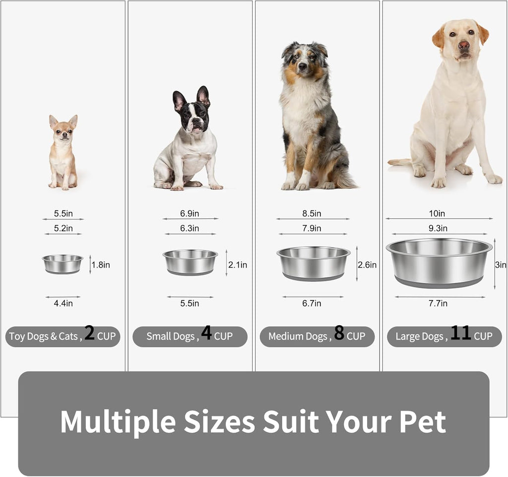 Taglory 11 Cup Stainless Steel Dog Bowls Set of 2 for Food and Water, Silicone Base Anti-Slip, Rust Resistant, Extra Thick Metal Bowls for Large Dogs, 84oz, Gray