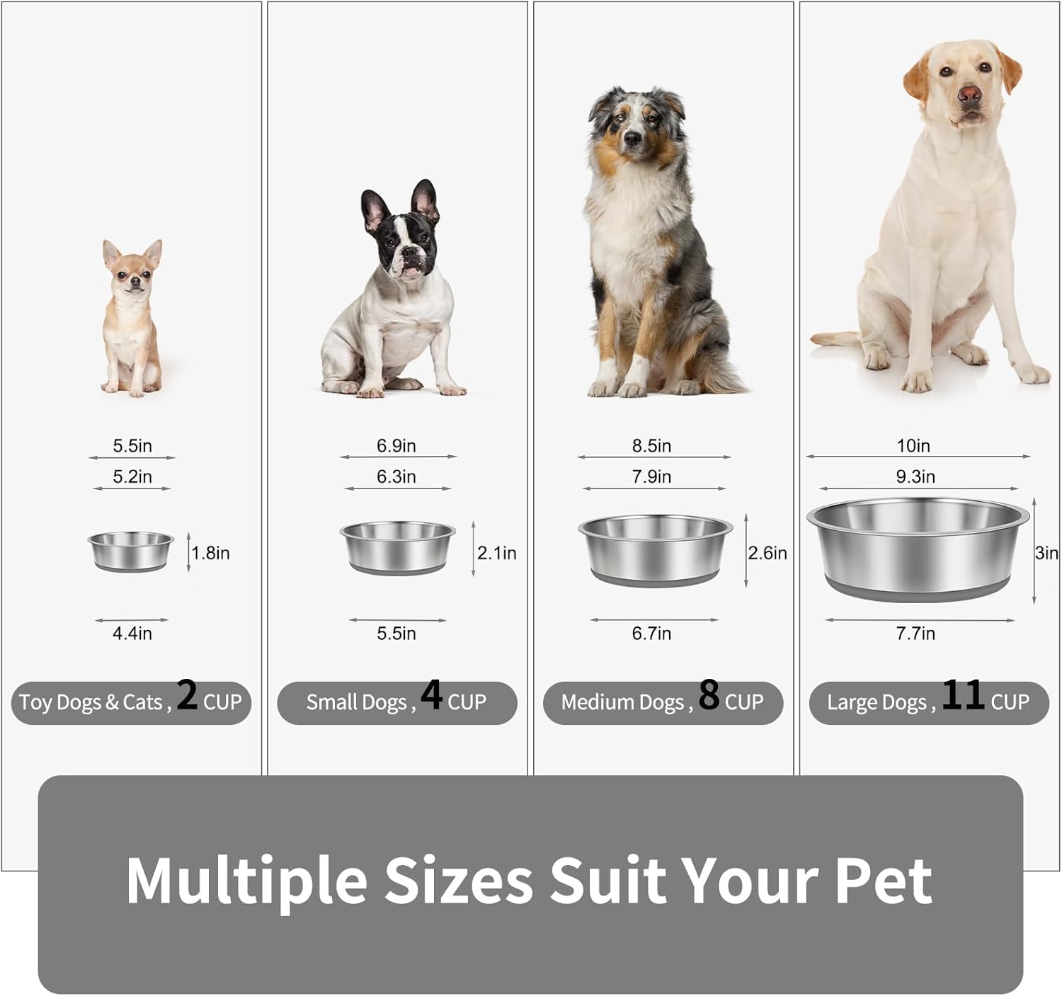 Taglory 8 Cup Stainless Steel Dog Bowls Set of 2 for Food and Water, Silicone Base Anti-Slip, Rust Resistant, Extra Thick Metal Bowls for Medium Dogs, 59oz, Gray