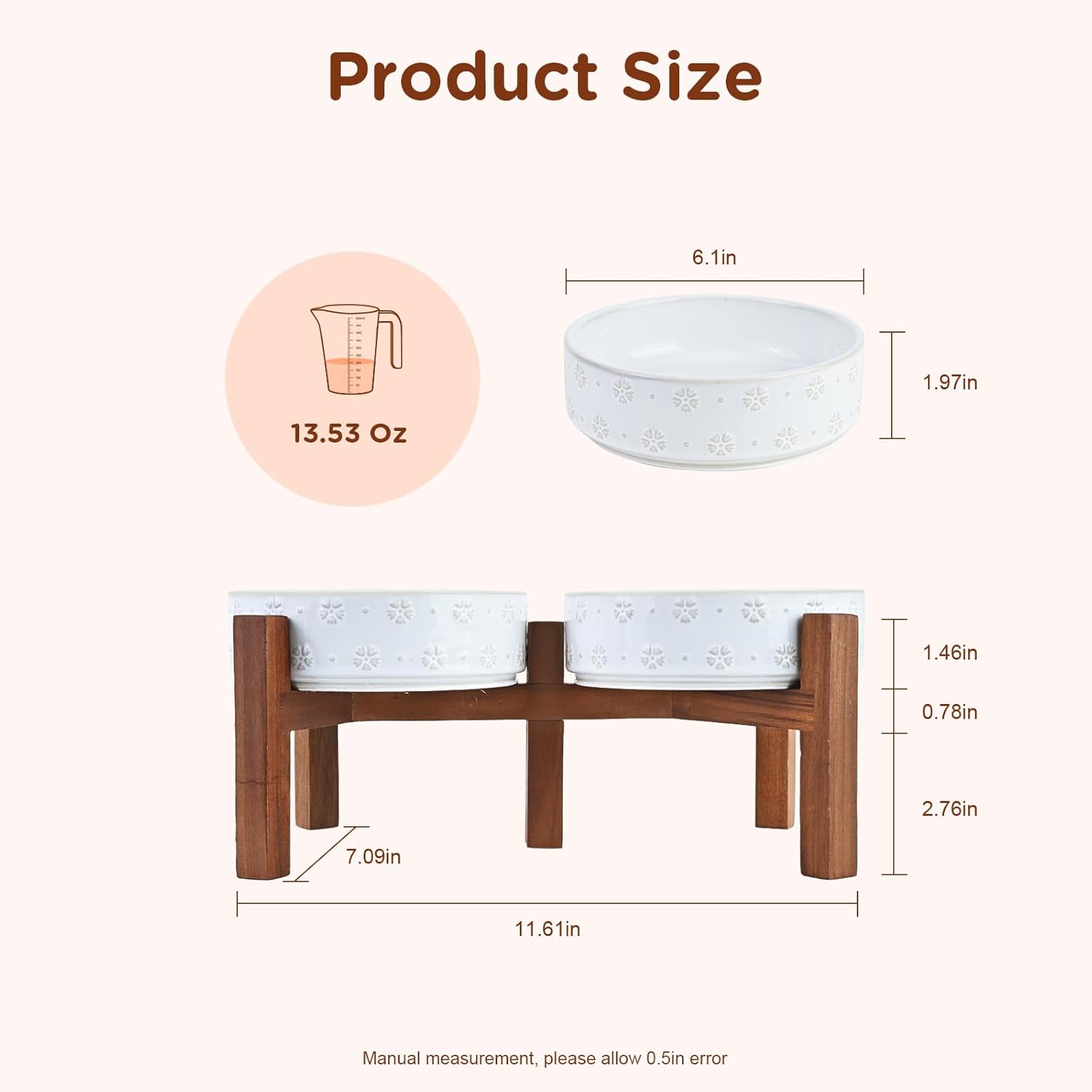 SPUNKYJUNKY Ceramic Dog Bowls Dog Bowl Set with Acacia Wood Stand Raised Dog Bowl Dog Food and Water Bowl for Small Medium Sized Dog (Shallow, 15.5cm)