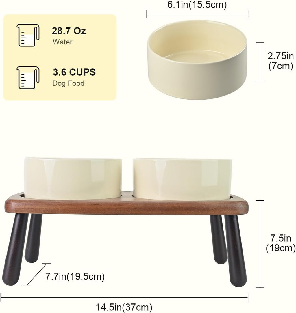 SPUNKYJUNKY Ceramic Elevated Dog Bowls Raised with Acacia Bamboo Wooden Stand, 6.1'' Dog and Cat Food Water Bowls Set Non-Slip for Small Medium Sized Breed Microwave Dishwasher Safe - 28.7 OZ,Beige