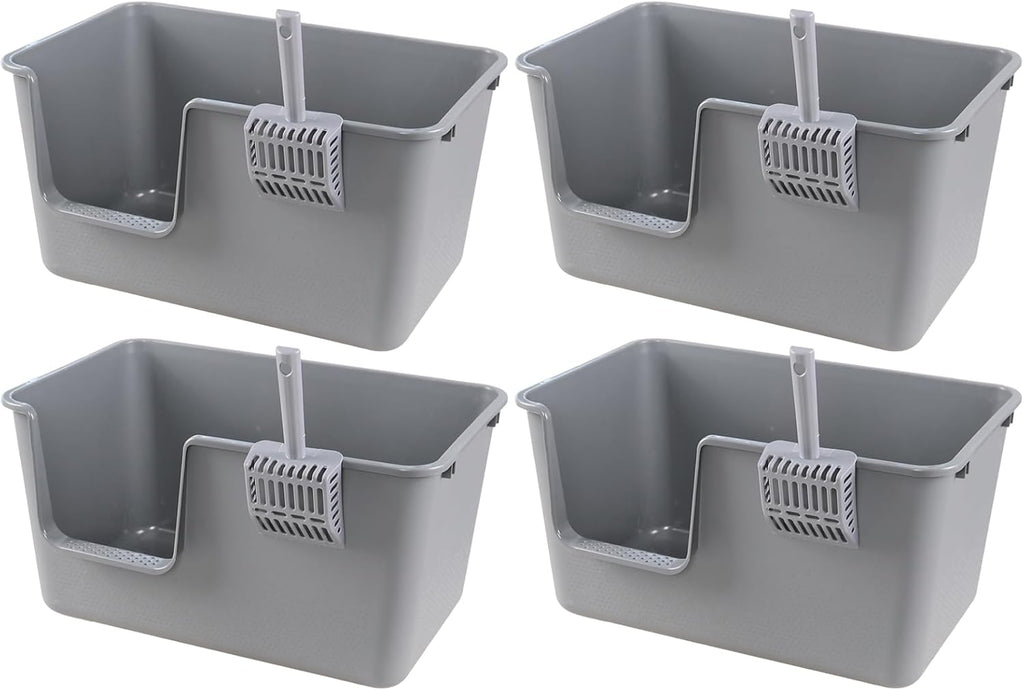 4 Packs Large Cat Litter Box with High Sides, Grey Open Top Cat Litter Basin