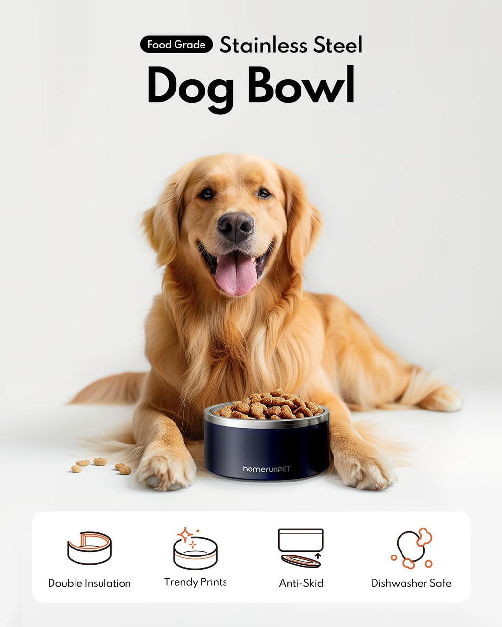 HomeRunPet Dog Bowls, Durable Dishwasher Safe Double Wall Metal Insulated Stainless Steel Food Water Bowls with Non-Slip Rubber Base, Ideal for Small Medium and Large Dogs (32oz, Navy)