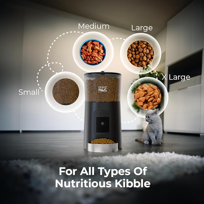 Smart HD Automatic Cat Feeder with 1080P Camera & Night Vision, 2-Way Audio, WiFi App Control, Anti-Jam 6L Cat Feeder with Backup Power, Easy to Clean, Up to 15 Meals for Cat & Dog, Black Stainless
