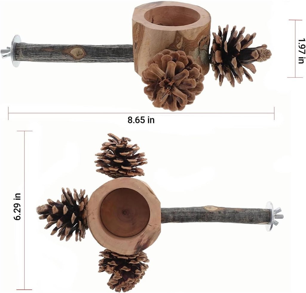 Bird Perch with Safe Bowl Wood & Pinecones - Bird Toys Chew Toys 100% Natural & Durable for Cockatiel, Conure, Budgie, Lovebird, Parakeet - Birdcage Accessory for Foraging & Oral Health