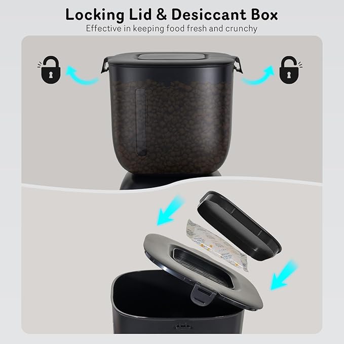 Automatic Cat Feeder and Water Dispenser FW1, Wire or Battery Cat Food Dispenser Timer Pet Feeder - Locking Lid, Desiccant Bag, Programmable Portion Control, 4 Daily Meals, 10s Voice Recorder