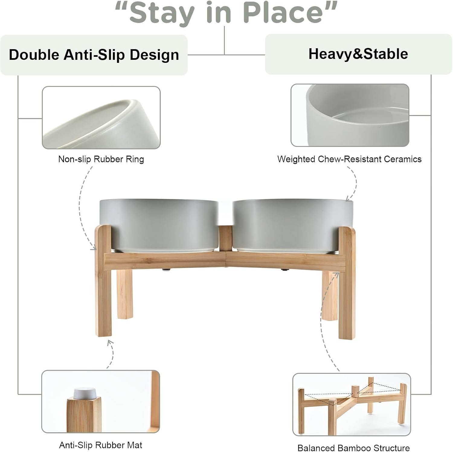 SPUNKYJUNKY Elevated Dog Bowls Ceramic, 7.3'' Dogs Food Water Bowls Raised with Non-Slip Bamboo Stand for Medium to Large Sized Breed Microwave Dishwasher Safe - 42 OZ,Grey