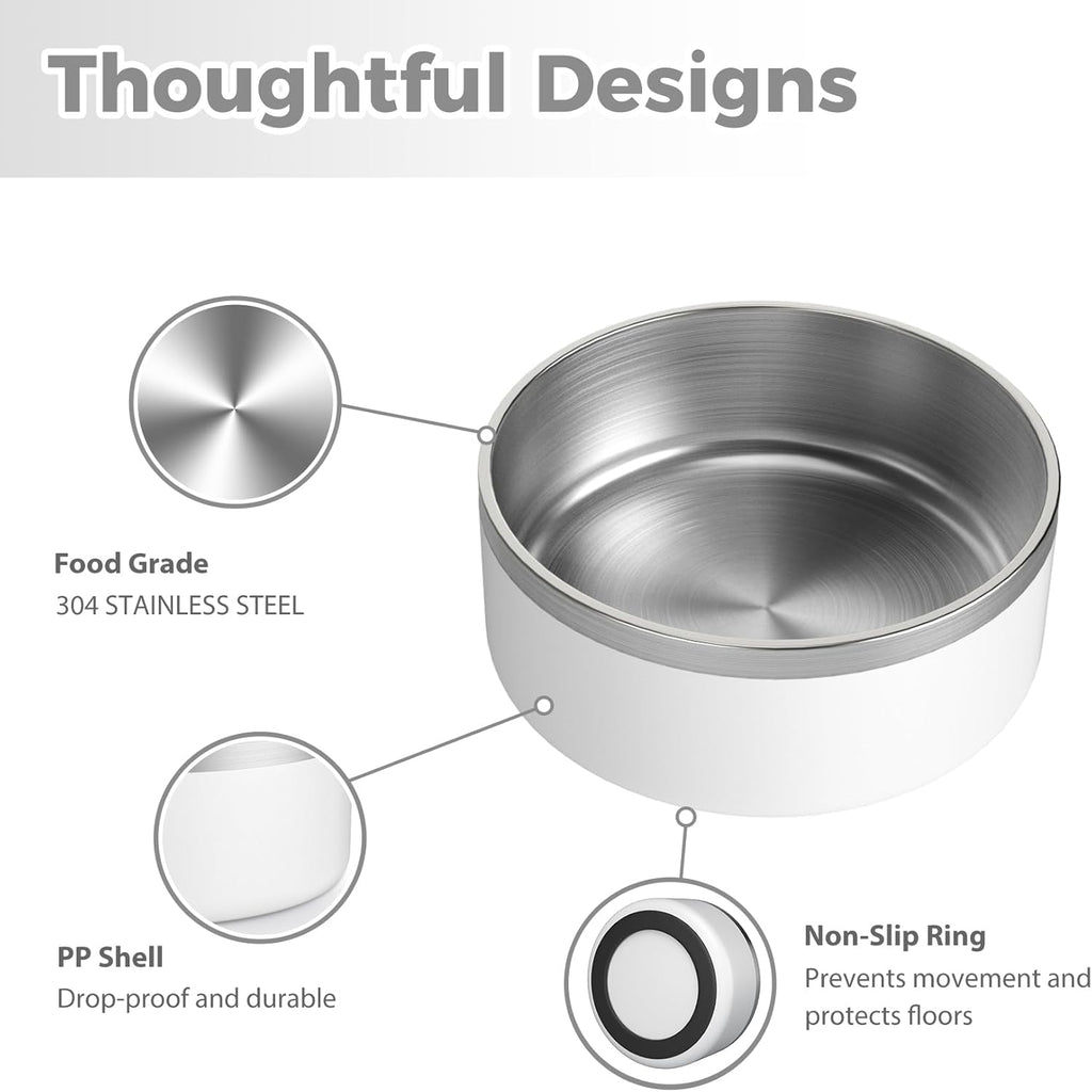 Stainless Steel Dog Bowl, Metal Water and Food Dish for Large Dogs, Insulated Non-Slip Pet Bowl, Easy Clean, 64oz, White