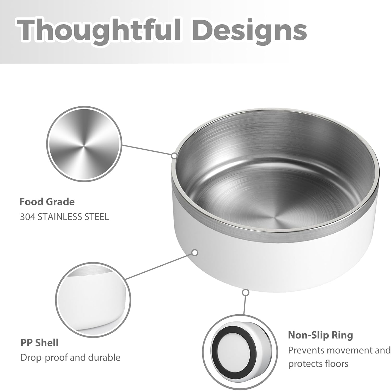Stainless Steel Dog Bowl, Metal Water and Food Dish for Large Dogs, Insulated Non-Slip Pet Bowl, Easy Clean, 64oz, White