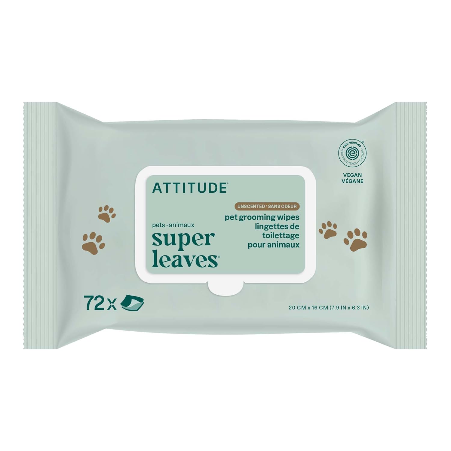 ATTITUDE Pet Wipes for Dogs & Cats, 99% Water, EWG Verified, Gentle & Unscented Cleaning Wipes for Paws, Ears, Face & Body, Deodorizing, Safe for Puppies & Kittens, 72 count
