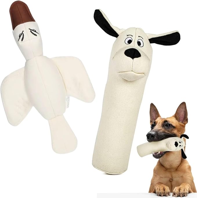 2pc Sustainable Eco-Friendly Durable Cotton Canvas Squeaky Dog Chew Toy Set – Ducky & Dawgy, White (Safe for Pets/Kids)