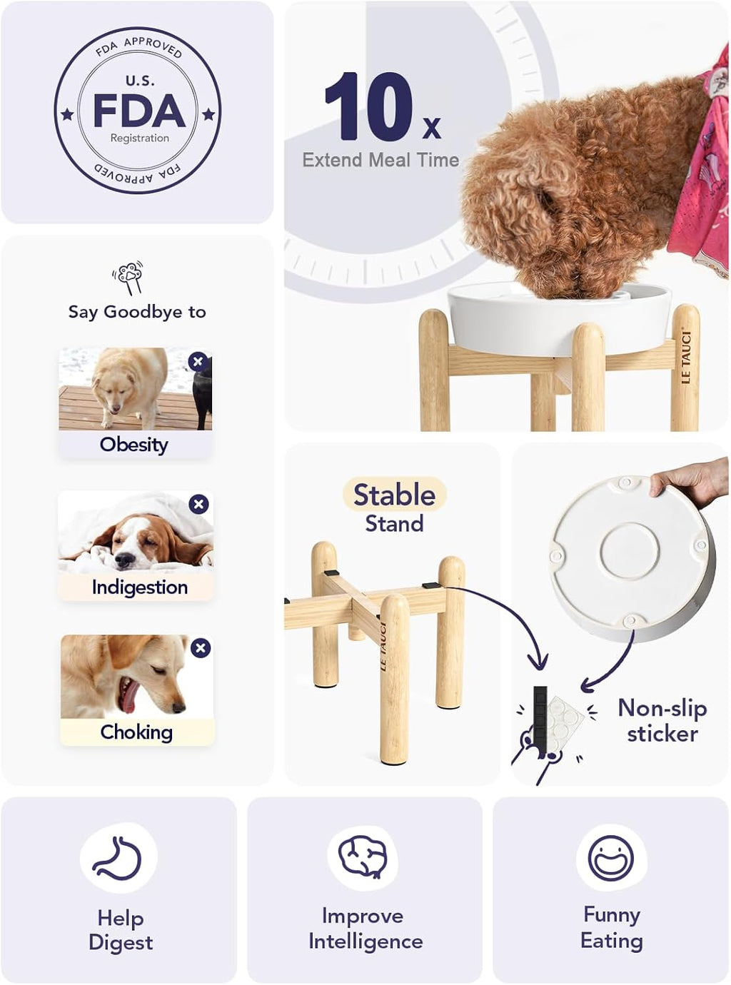 LE TAUCI Ceramic Slow Feeder Dog Bowls Elevated, 3 Cup Raised Bowl with Wooden Stand for Medium Large Breed, Slow Down Eating, Puzzle Dog Food Bowl, Angel White