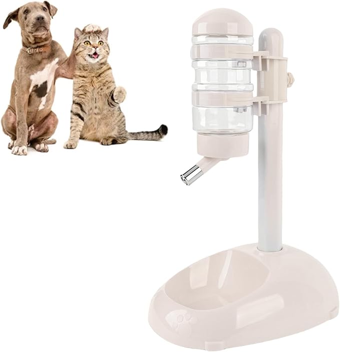 Pet Standing Water Dispenser, Height Adjustable Automatic Water Feeder Food Feeder Bowl, 500ml Dog Water Bottle Dispenser, Dog Cat Feeding Water Bowl Set (Beige)