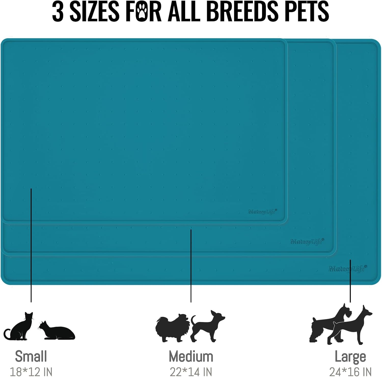 MateeyLife Dog & Cat Food Mat, Waterproof & Nonslip Silicone Feeding Mats for Dogs and Cats, Raised Edge Tray for Messy Drinkers, 24"x16", Teal