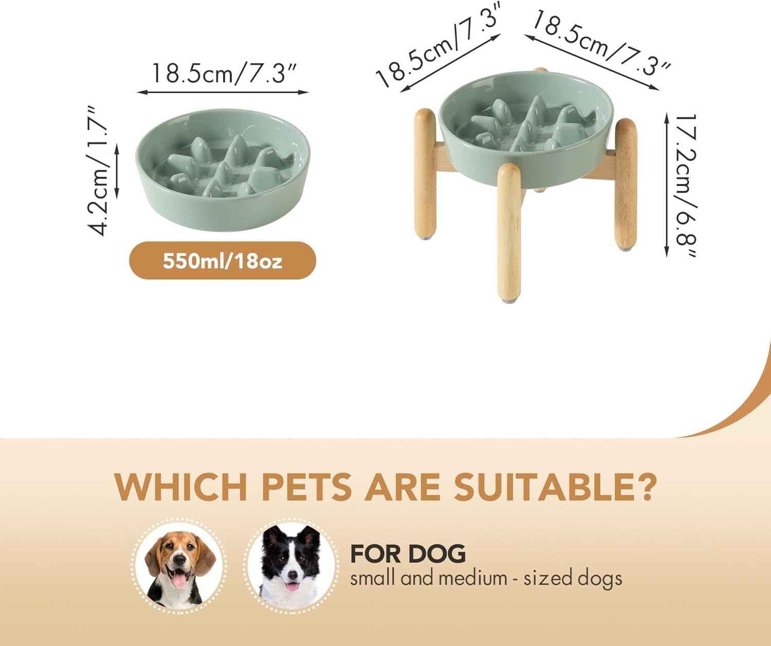 7.3inch Ceramic Dog Raised Slow Feeder Set, Elevated Bowl with Wooden Stand for Medium and Small Dog, Slow Feeder Dish for Fast Easters(Light Green, Single Bowl+ Stand)