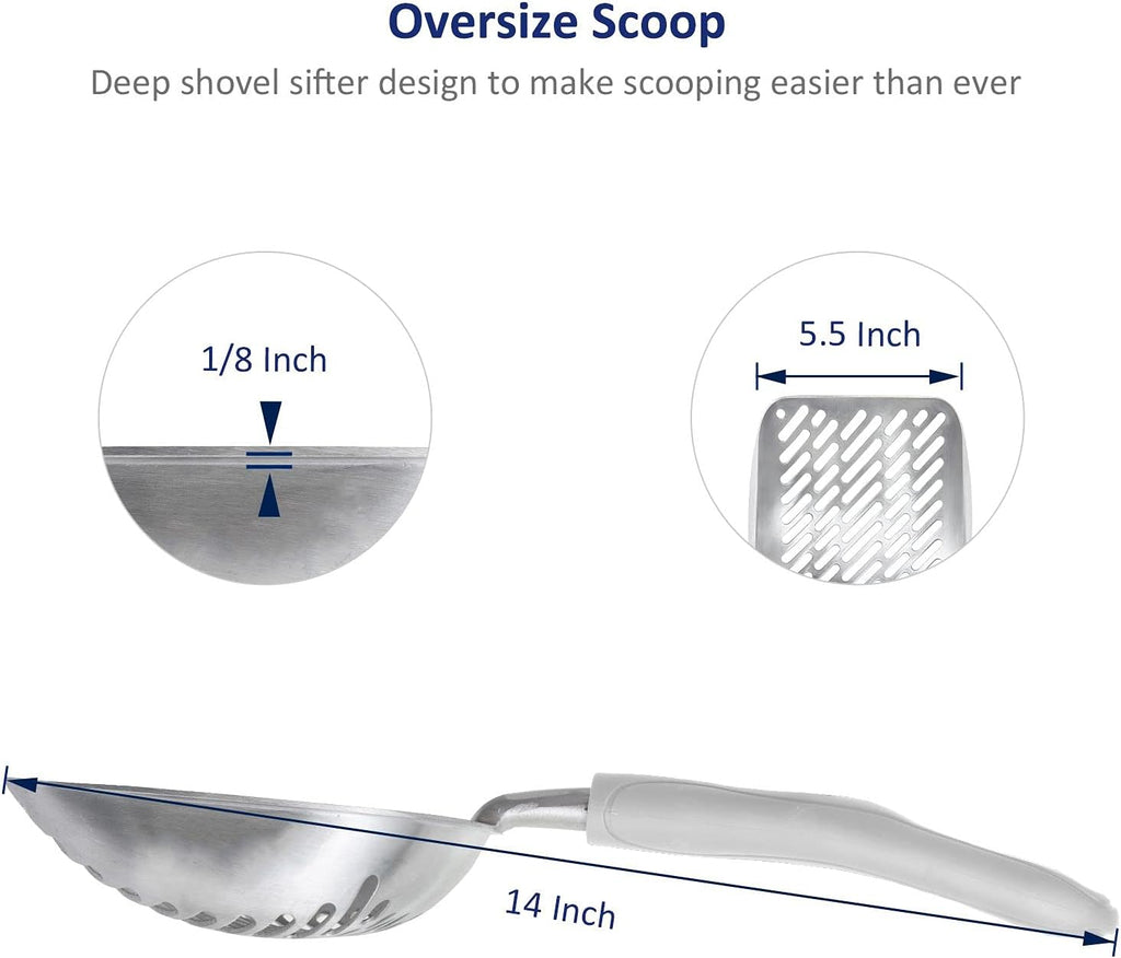 WePet Cat Litter Scoop, Aluminum Alloy Sifter, Kitty Metal Scooper, Deep Shovel with Diagonal Sifting Hole, Long Handle, Kitten Poop Lifter for Litter Box, Large Size, Grey Handle
