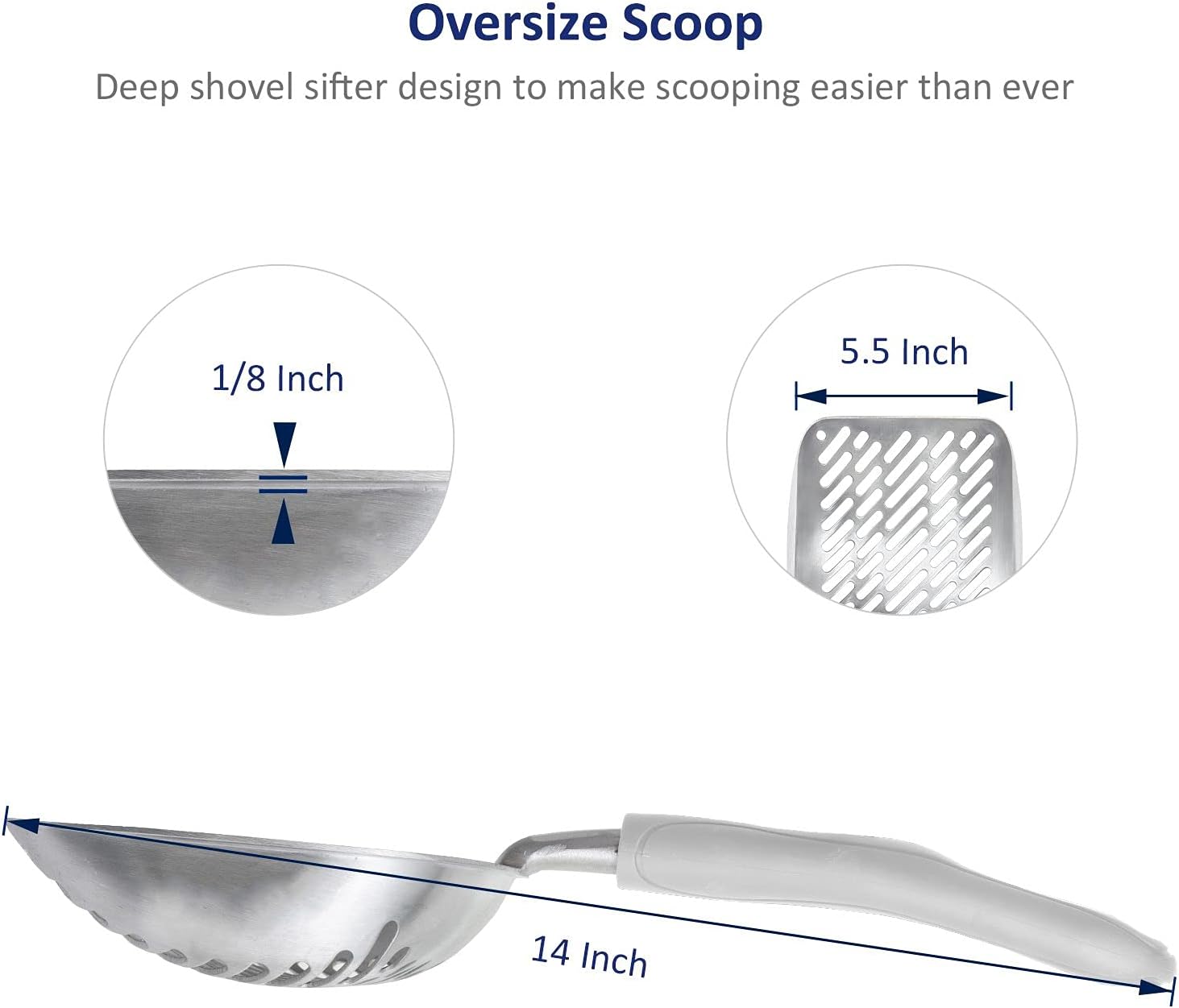 WePet Cat Litter Scoop, Aluminum Alloy Sifter, Kitty Metal Scooper, Deep Shovel with Diagonal Sifting Hole, Long Handle, Kitten Poop Lifter for Litter Box, Large Size, Grey Handle
