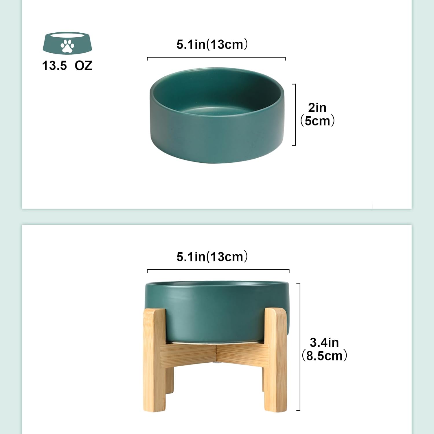 SPUNKYJUNKY Ceramic Elevated Dog Bowls 2 Pack - 5.1inch Raised Dog Bowls with Non-Slip Wooden Stand for Small Dogs Dishwasher Safe(Green,13.5OZ*2)