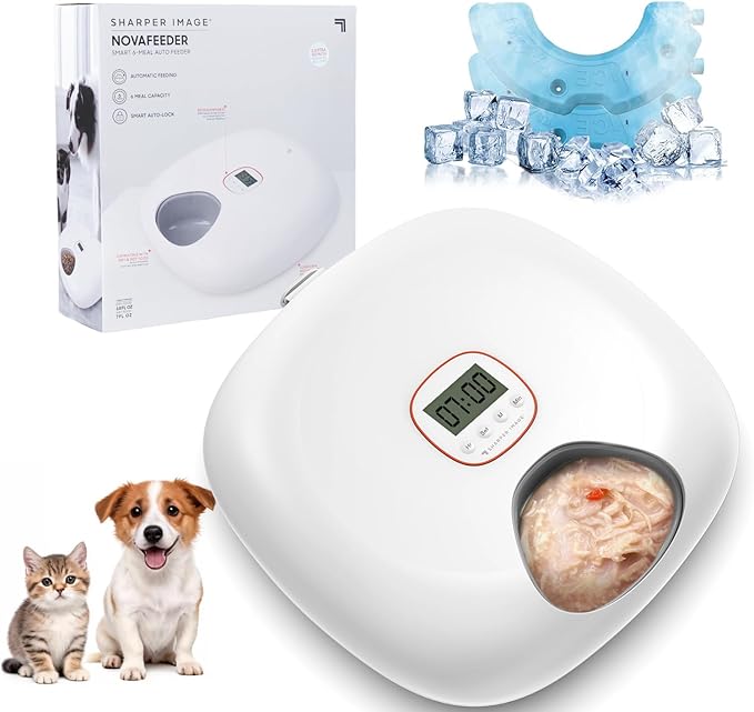 Automatic Cat Feeder Wireless, Sharper Image Auto Cat Food Dispenser for Wet Food with 2 Ice Packs, Rechargeable Auto Feeder for Cats with Programmable Timer Low Battery Indicator, White