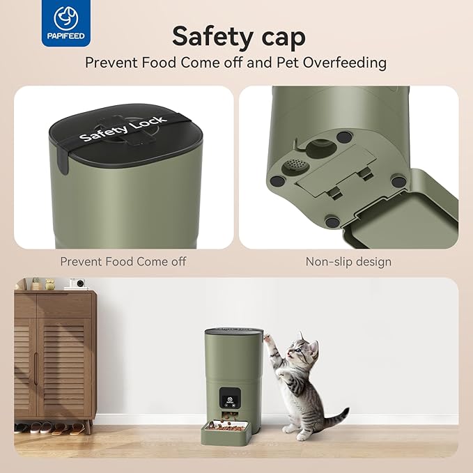 PAPIFEED Automatic Cat Feeder Upgrade, WiFi Pet Feeder with APP Control for Remote Feeding, Detachable for Easy Clean, Dual Power Supply,1-10 Meals Per Day for Multiple Pets (Greener)