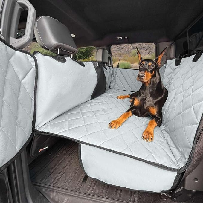 4Knines Hard Bottom Back Seat Extender for Dogs – Waterproof Dog Car Seat Cover – Heavy Duty Backseat Protector for Cars, SUVs, Trucks – Built-in EZ Open Door Protector (Patent Pending) Grey, XLarge