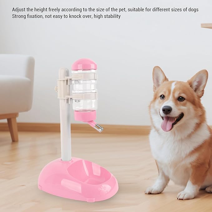 Pet Standing Water Dispenser, Height Adjustable Automatic Water Feeder Food Feeder Bowl, 500ml Dog Water Bottle Dispenser, Dog Cat Feeding Water Bowl Set (Pink)
