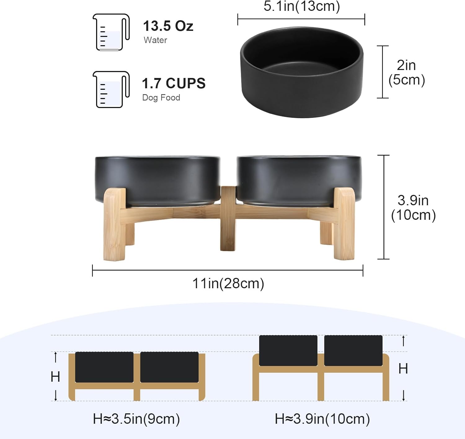 SPUNKYJUNKY Elevated Dog Bowls Ceramic, 5.1'' Dogs and Cat Food Water Bowls Raised with Non-Slip Bamboo Stand for Puppy Small Sized Breed Microwave Dishwasher Safe - 13.5 OZ,Black