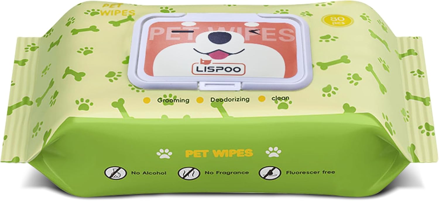 Pet Wipes -Cleaning and Grooming for All Pets, Alcohol-Free Portable Pack, Gentle for Face, Body, Paws and Butt-Thick Nonwoven Fabric-80 Count