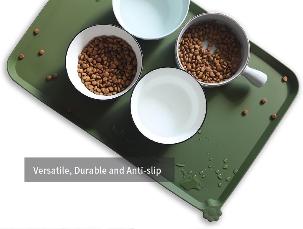 Hoki Found L Silicone Non Slip Pet Dog Cat Bowl Mats - Waterproof Dog Cat Food Mats - Dark Olive