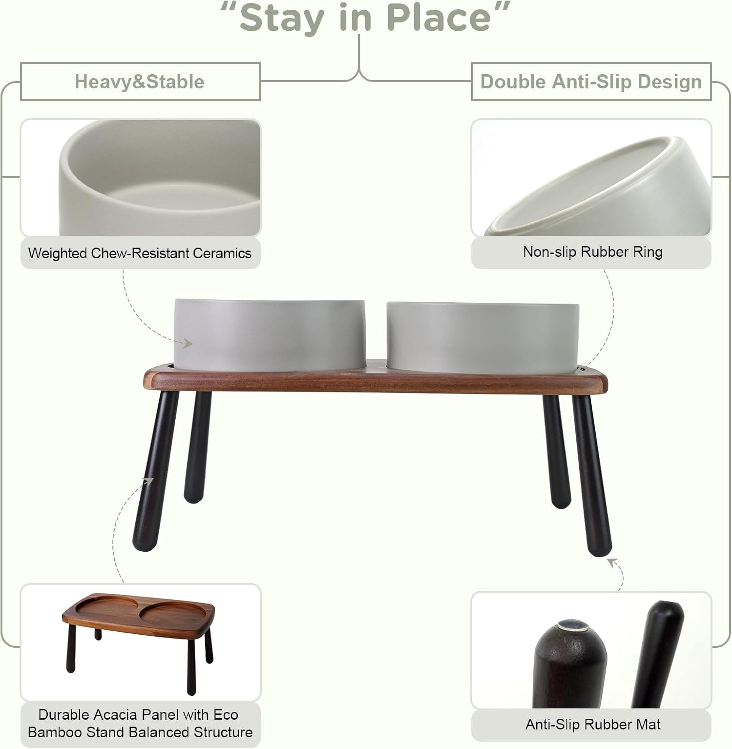 SPUNKYJUNKY Ceramic Elevated Dog Bowls Raised with Acacia Bamboo Wooden Stand, 8.3'' Dog Food Water Bowls Set Non-Slip for Medium Large Sized Breed Microwave Dishwasher Safe - 60 OZ,Grey